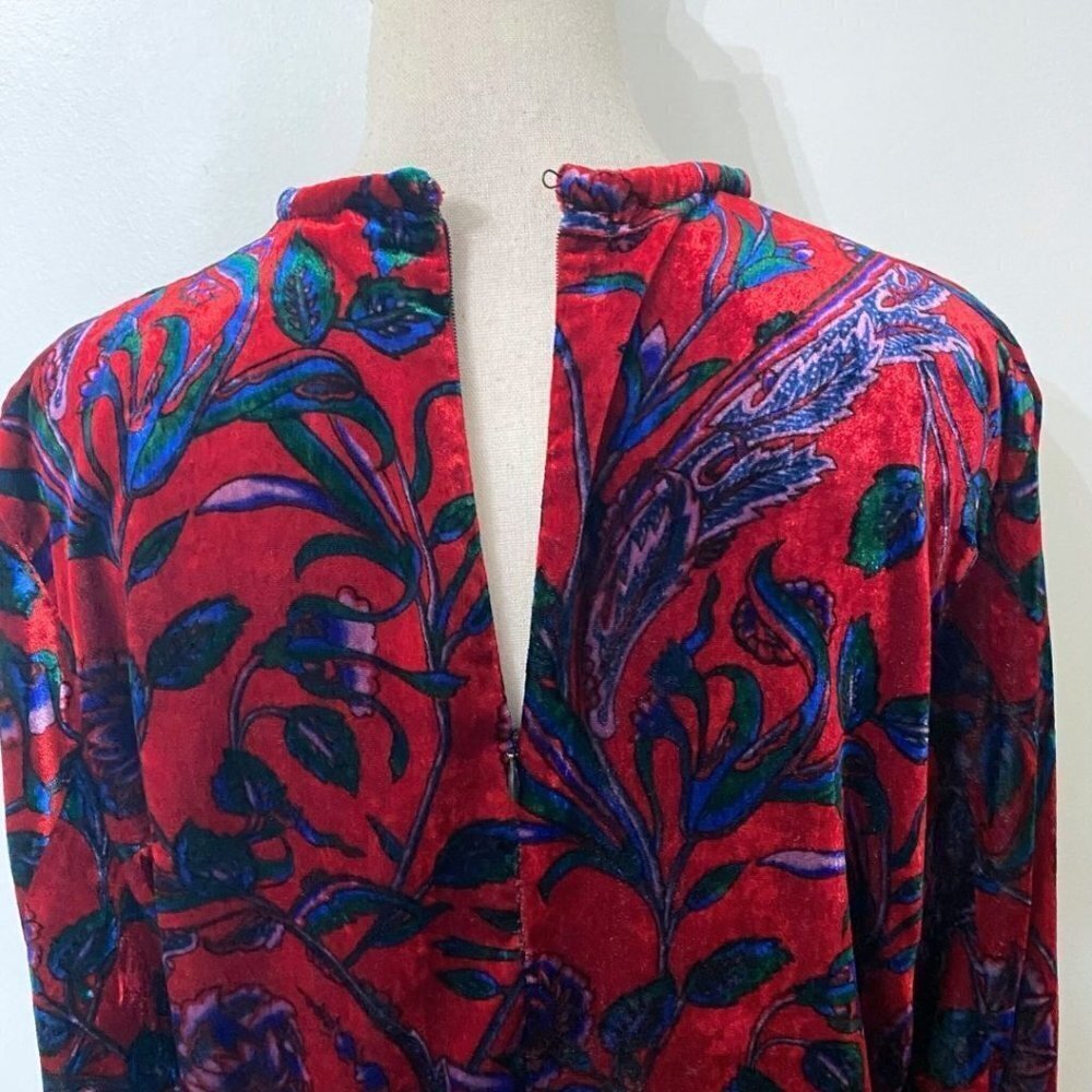 SANDRO PARIS RED BLUE GREEN FLORAL VELVET LONG TEE PULLOVER TOP - S (SIZE 1) - Picture 7 of 12